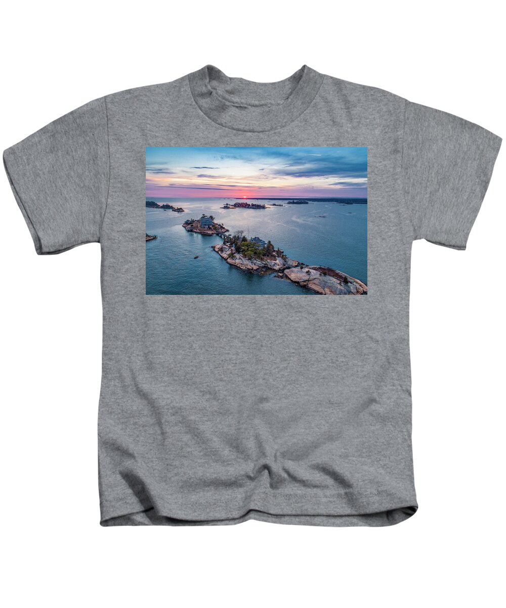 Thimble Islands Kids T-Shirt featuring the photograph Cut in Two Sunset by Veterans Aerial Media LLC