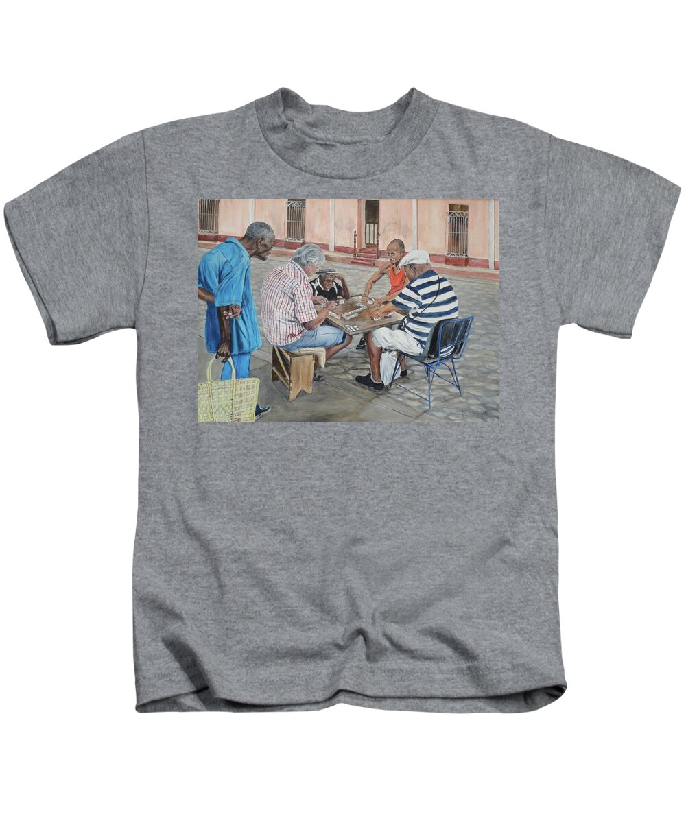 Domino Players Kids T-Shirt featuring the painting Domino players by Bonnie Peacher