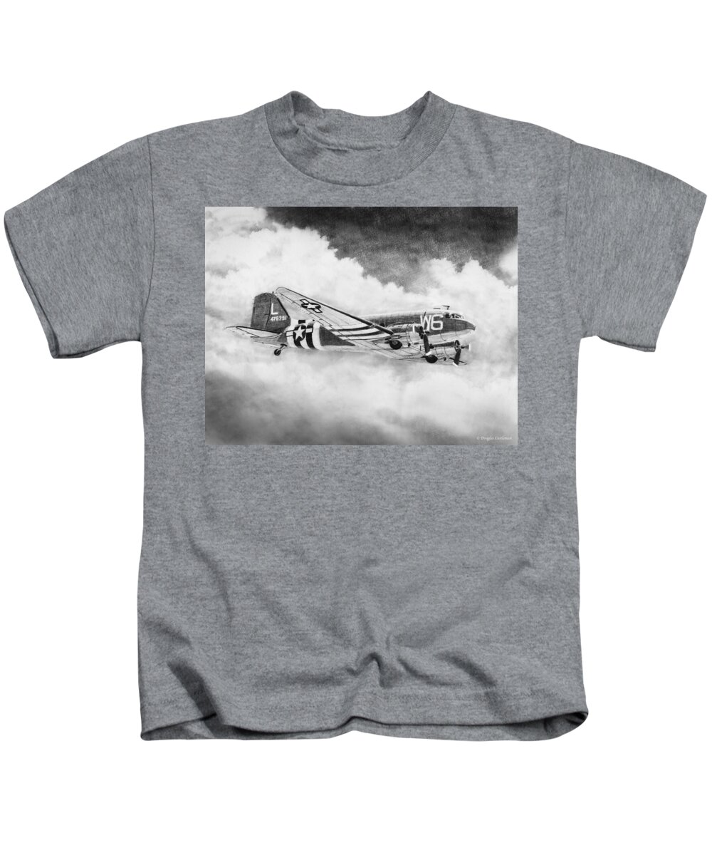 Aviation Art Kids T-Shirt featuring the drawing Douglas C-47 by Douglas Castleman