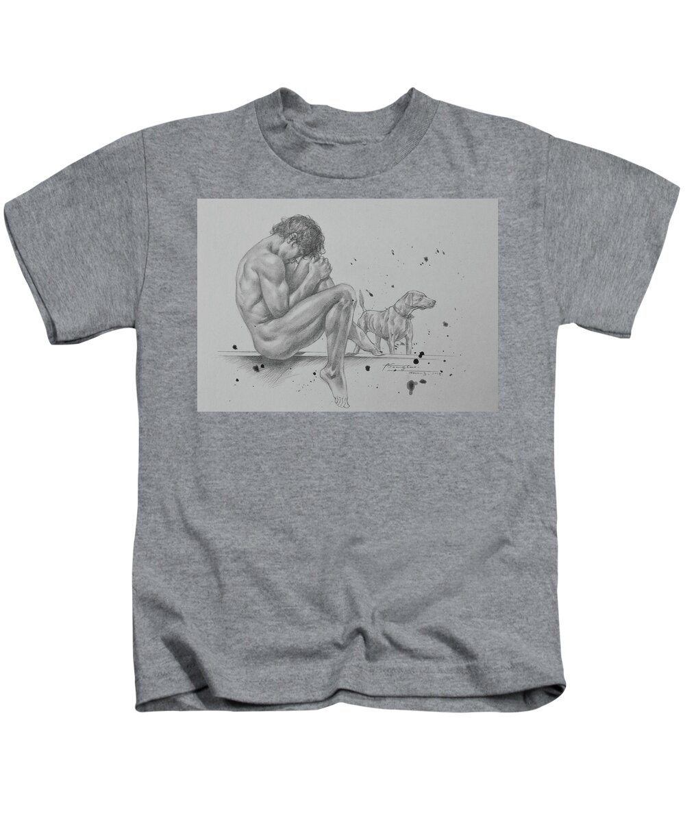Male Nude Kids T-Shirt featuring the drawing Drawing male nude and dog#18124 by Hongtao Huang