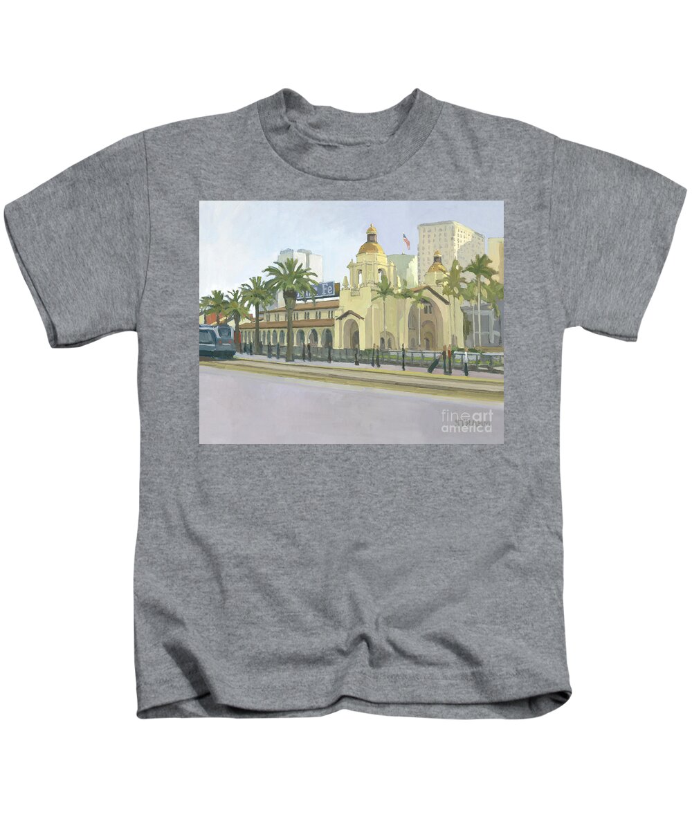 Santa Fe Train Depot Kids T-Shirt featuring the painting Santa Fe Train Depot San Diego by Paul Strahm