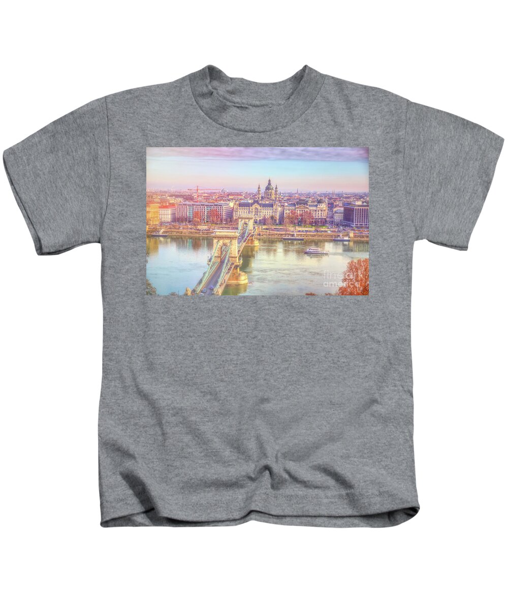 Budapest Kids T-Shirt featuring the photograph Ethereal Panorama of Budapest Chain Bridge by Stefano Senise