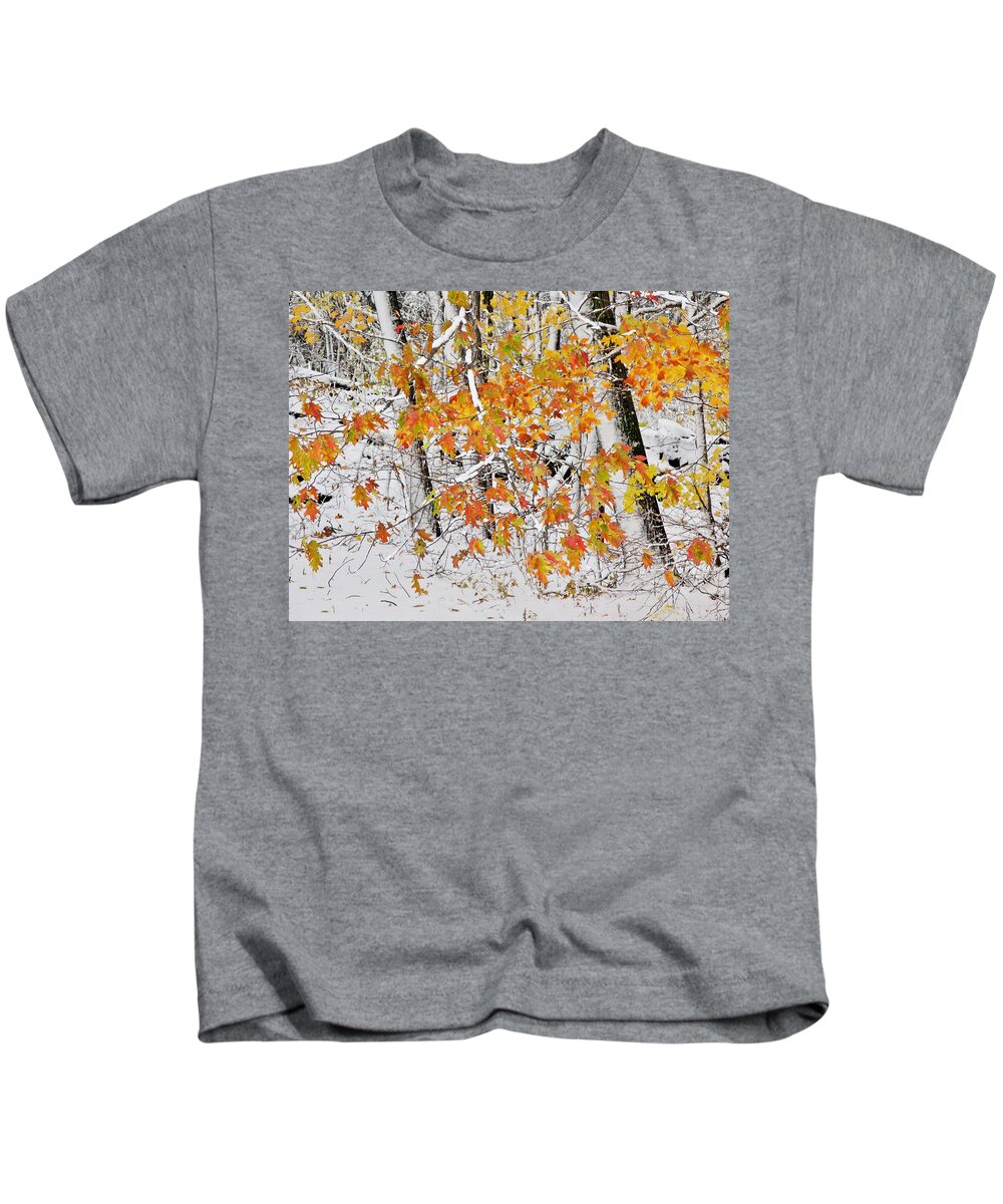  Photography Kids T-Shirt featuring the photograph Fall And Snow by Jeffrey PERKINS