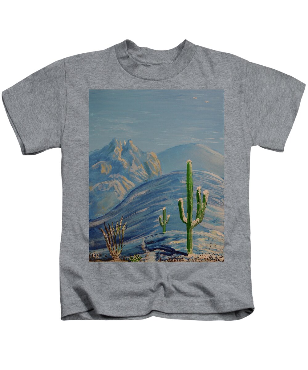 Finger Kids T-Shirt featuring the painting Finger Rock Trail Snow, Tucson, Arizona by Chance Kafka