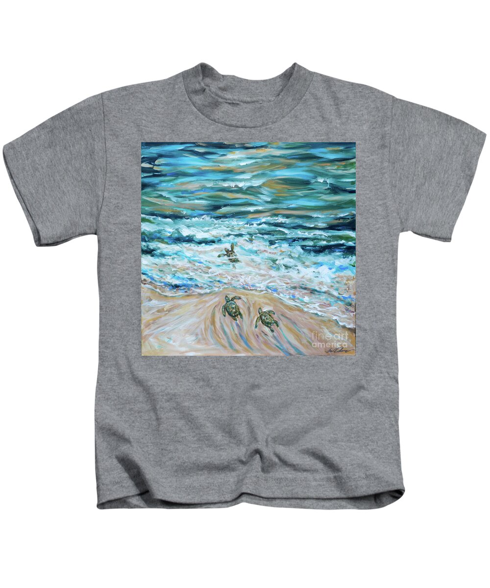 Sea Turtles Kids T-Shirt featuring the photograph First Plunge Baby Sea Turtles by Linda Olsen