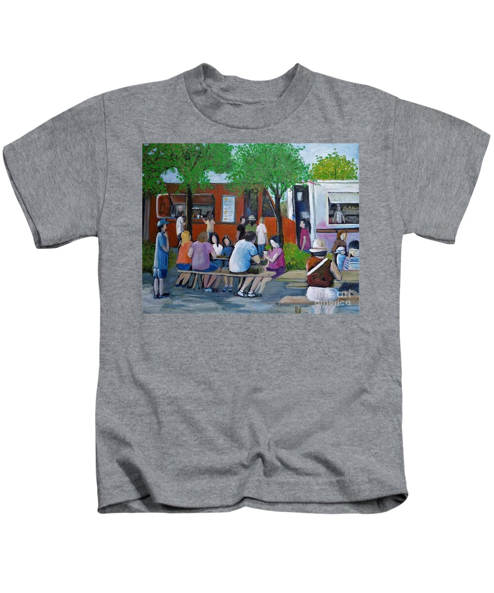 Food Trucks Kids T-Shirt featuring the painting Food Truck Gathering by Reb Frost