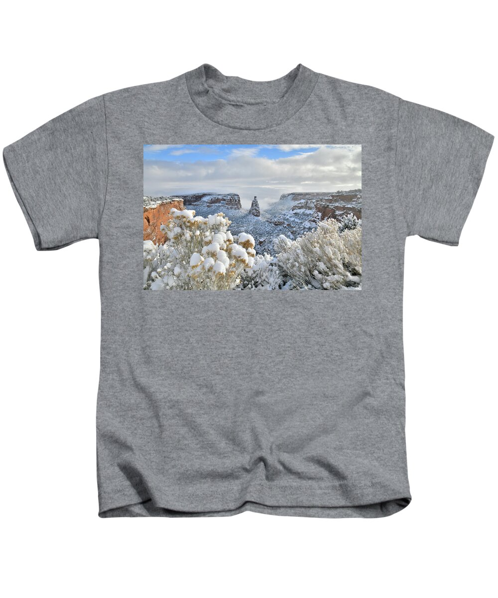 Colorado National Monument Kids T-Shirt featuring the photograph Fresh Snow at Independence Canyon by Ray Mathis