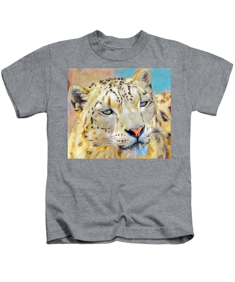 Snow Leopard Kids T-Shirt featuring the mixed media Gazing Snow Leopard by Susan Rydberg