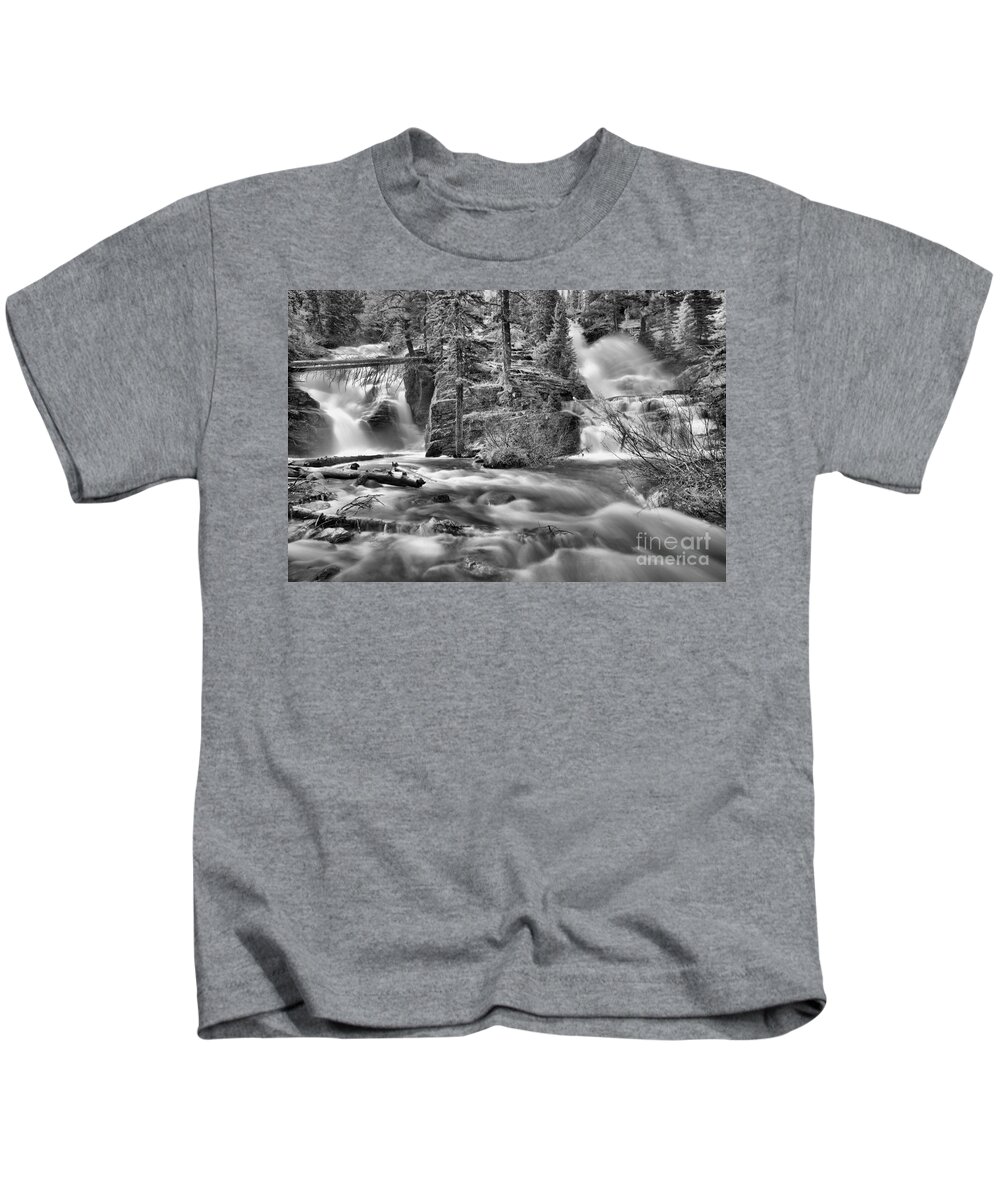 Twin Falls Kids T-Shirt featuring the photograph Glacier Park Twin Falls Black And White by Adam Jewell