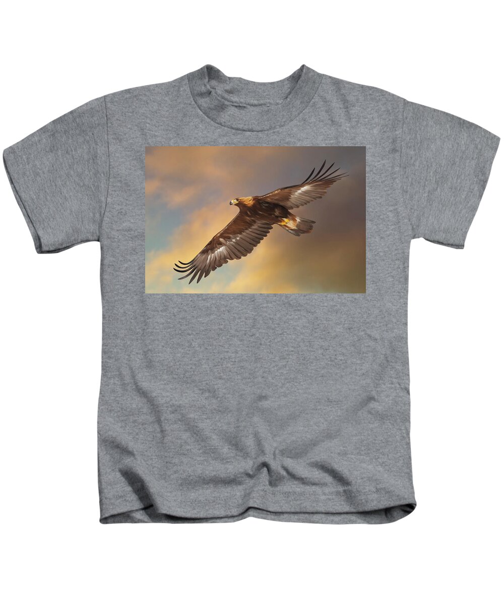 Golden Eagle Kids T-Shirt featuring the digital art Golden Eagle Flying in Golden Light by Mark Miller