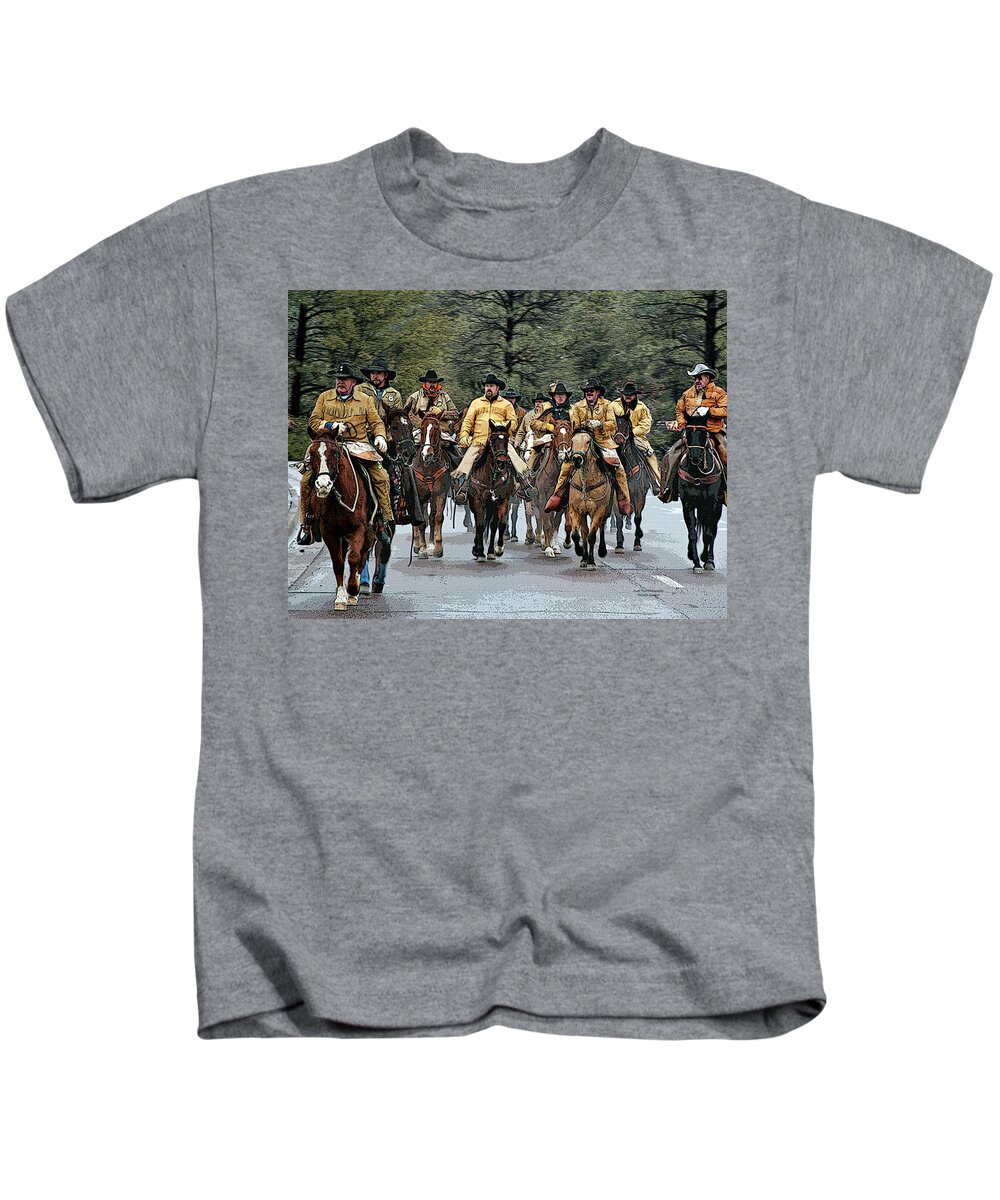 Pony Express Re-enactment Kids T-Shirt featuring the photograph Hashknife Riders by Matalyn Gardner