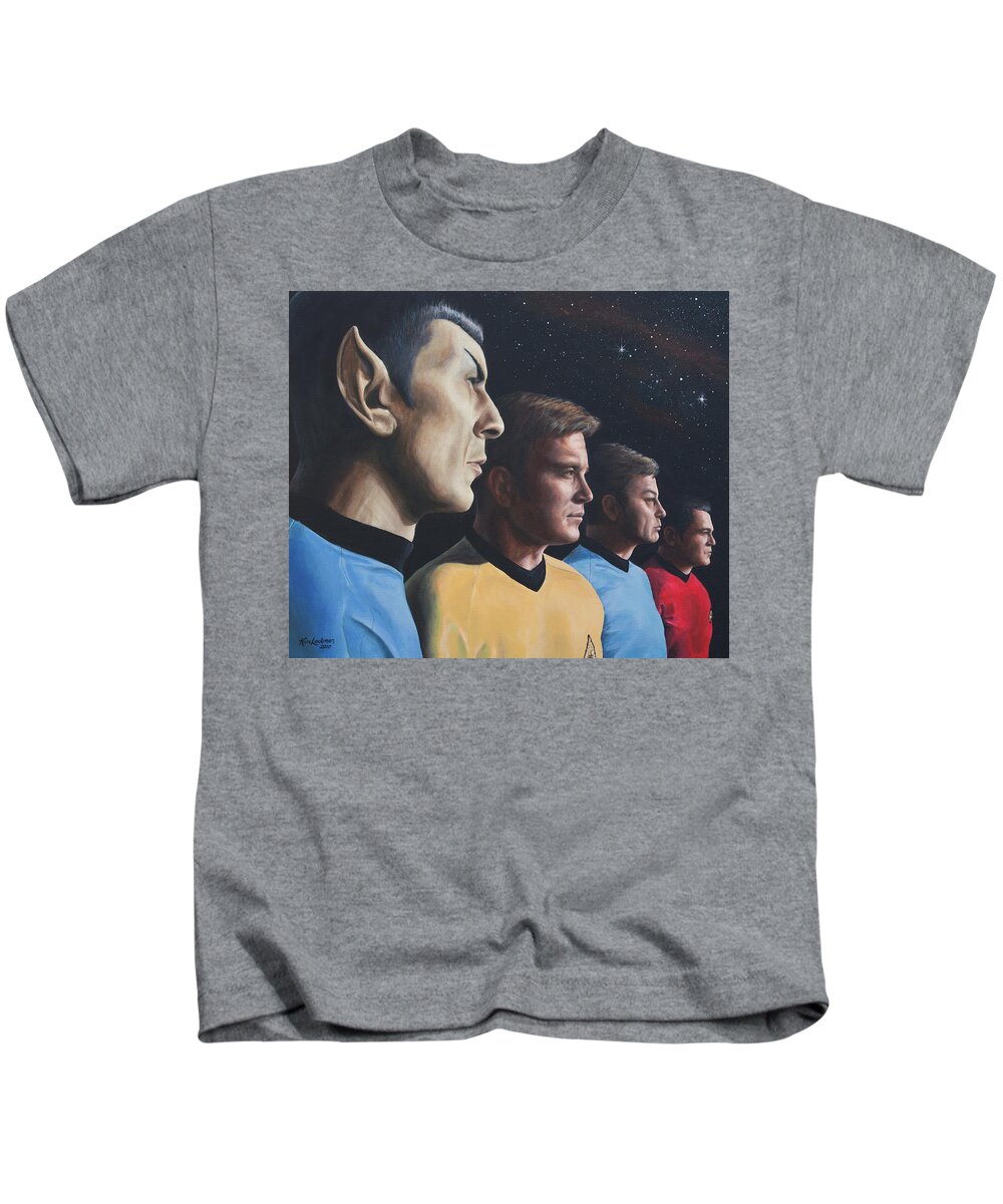Star Trek Kids T-Shirt featuring the painting Heroes of the Final Frontier by Kim Lockman