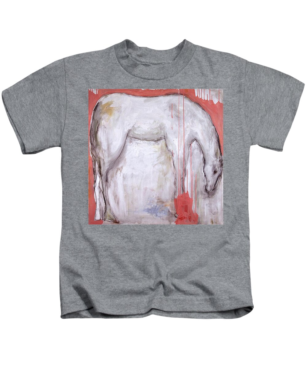 Horse Kids T-Shirt featuring the painting Horse with Pink by Janet Zoya