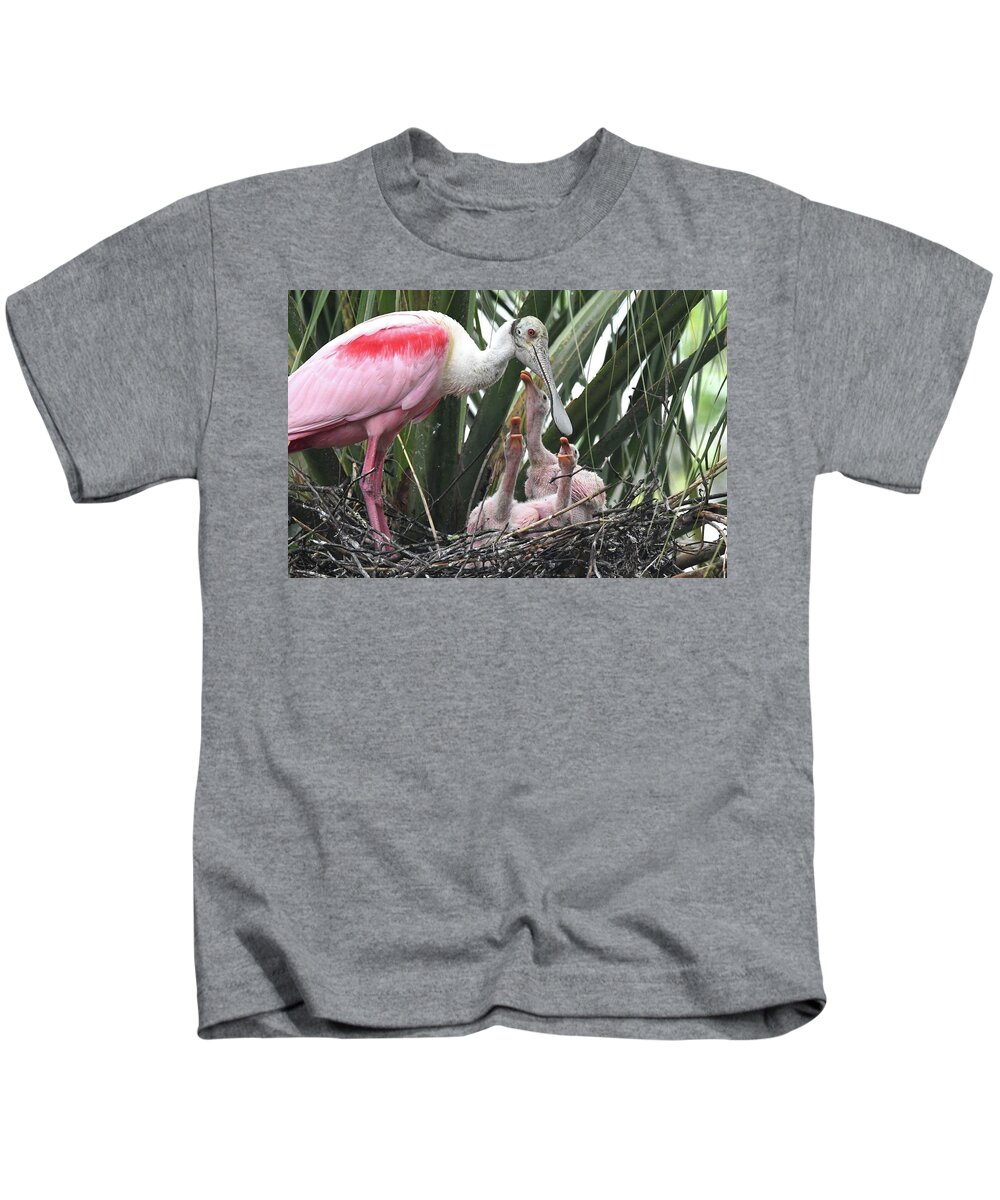Roseate Spoonbill Kids T-Shirt featuring the photograph Hungry Roseate Spoonbills by Jim Bennight