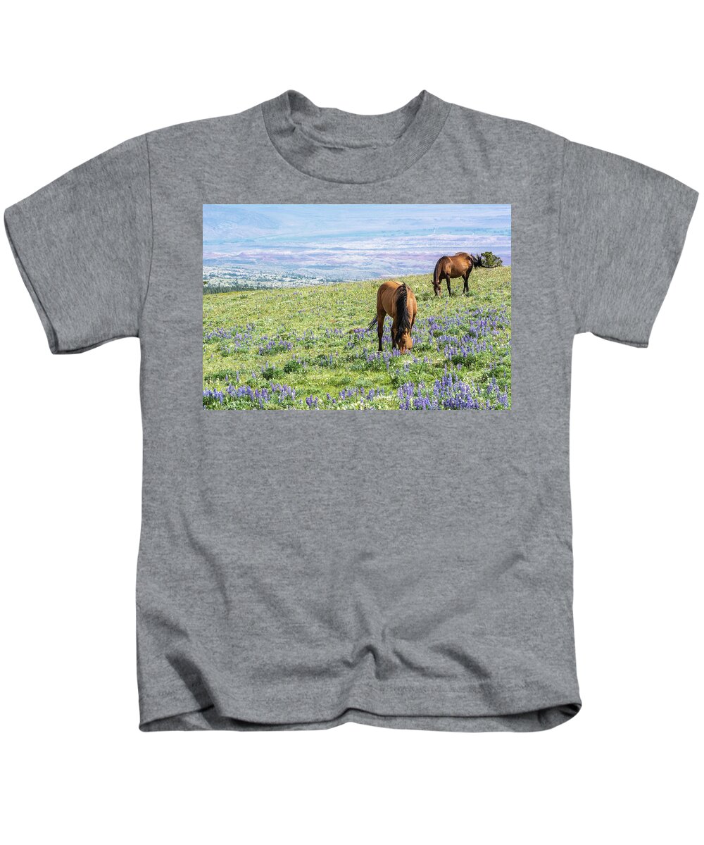 Pryor Mountain Kids T-Shirt featuring the photograph Idyllic Pryor Mountain Mustang View by Douglas Wielfaert