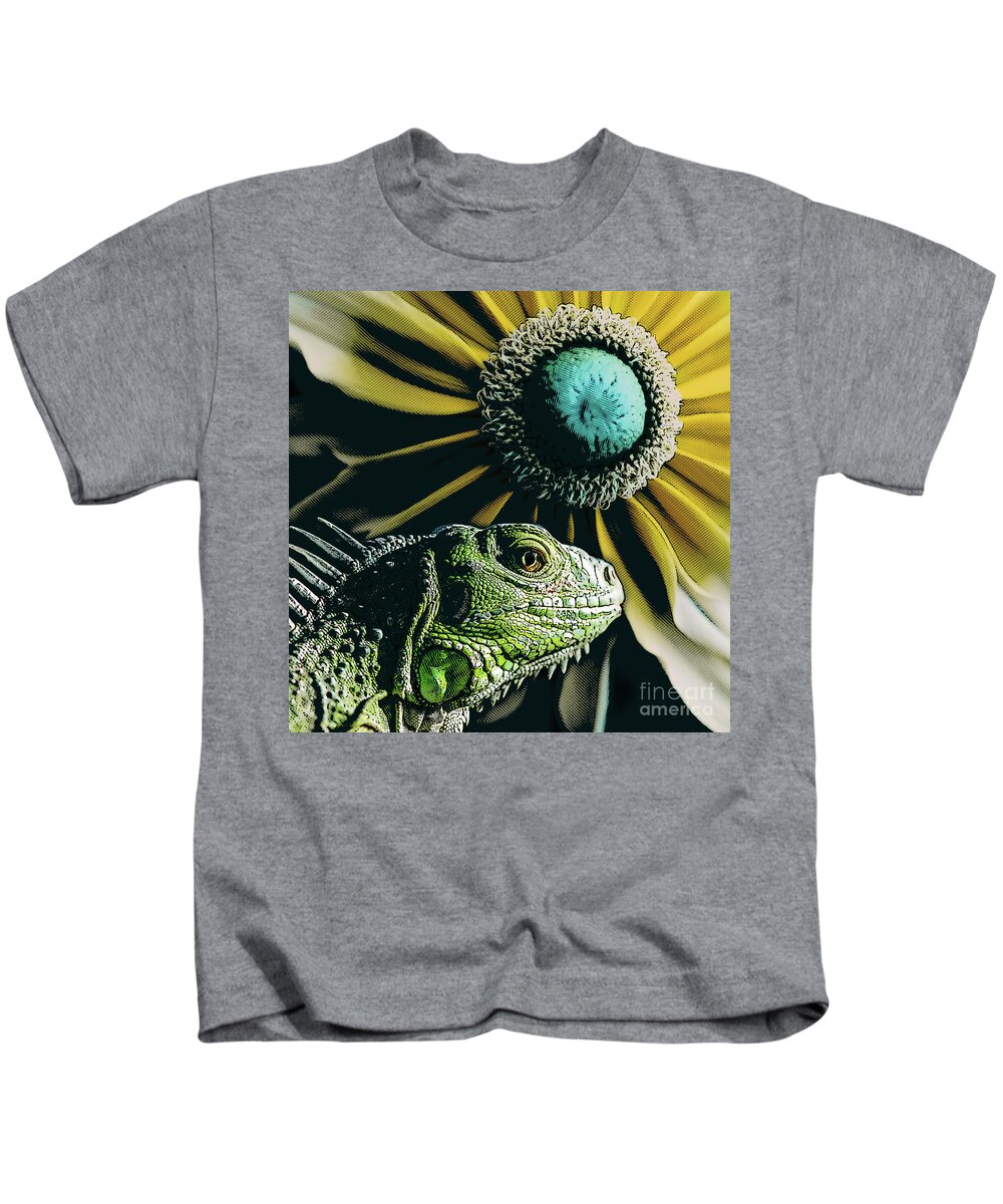 Plant Kids T-Shirt featuring the digital art Iguana And Sunflower by Phil Perkins