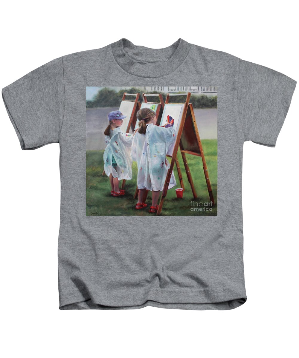 Painting Of Two Girls Creating Artwork Kids T-Shirt featuring the painting Join Us at Our Happy Place by Terri Meyer