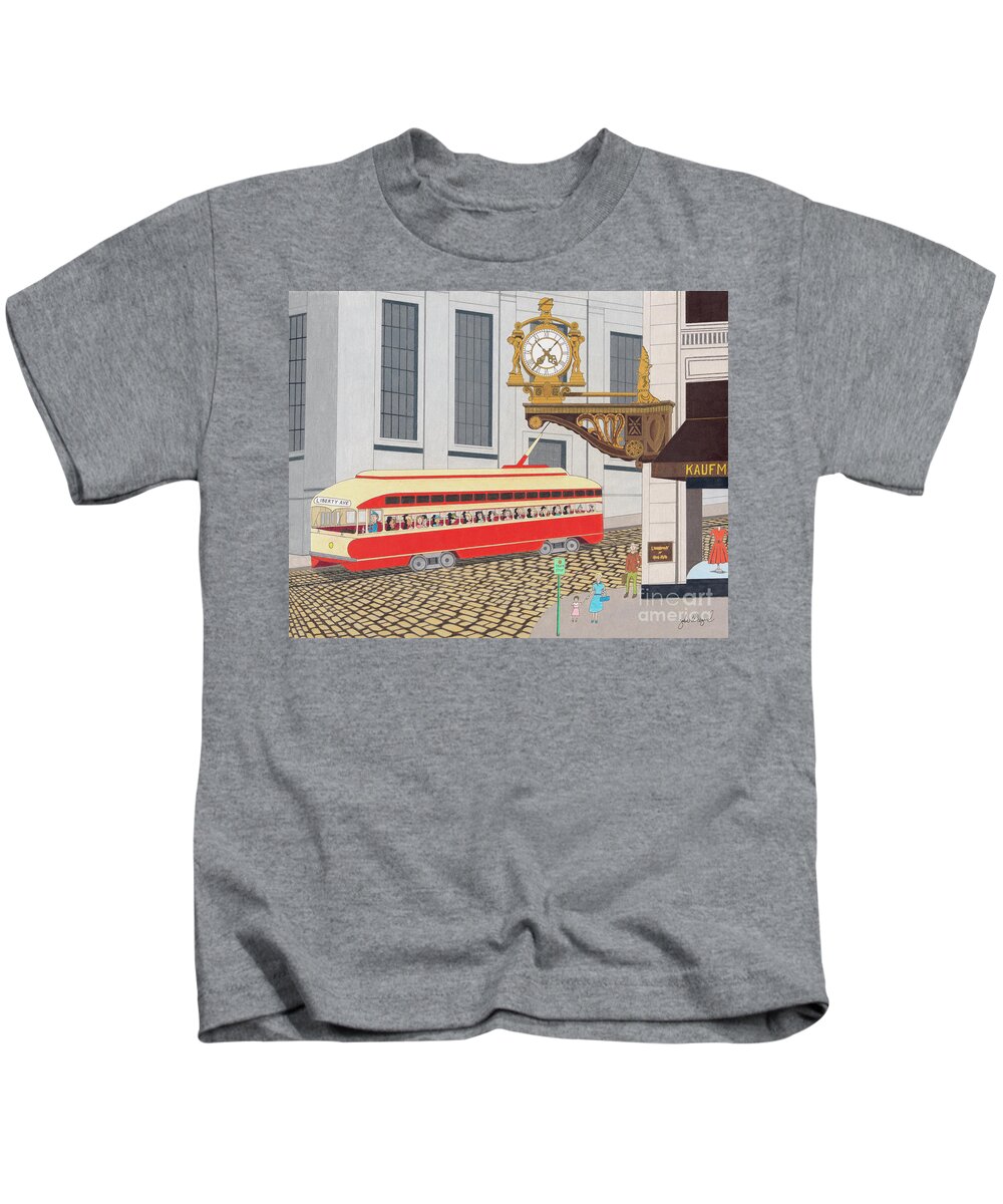 Downtown Pittsburgh Kids T-Shirt featuring the drawing Kaufmann Clock by John Wiegand