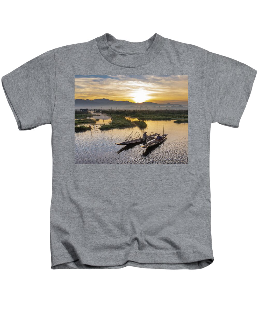 Fisherman Kids T-Shirt featuring the photograph landscape of sunrise on Lake Inle, Myanmar by Ann Moore