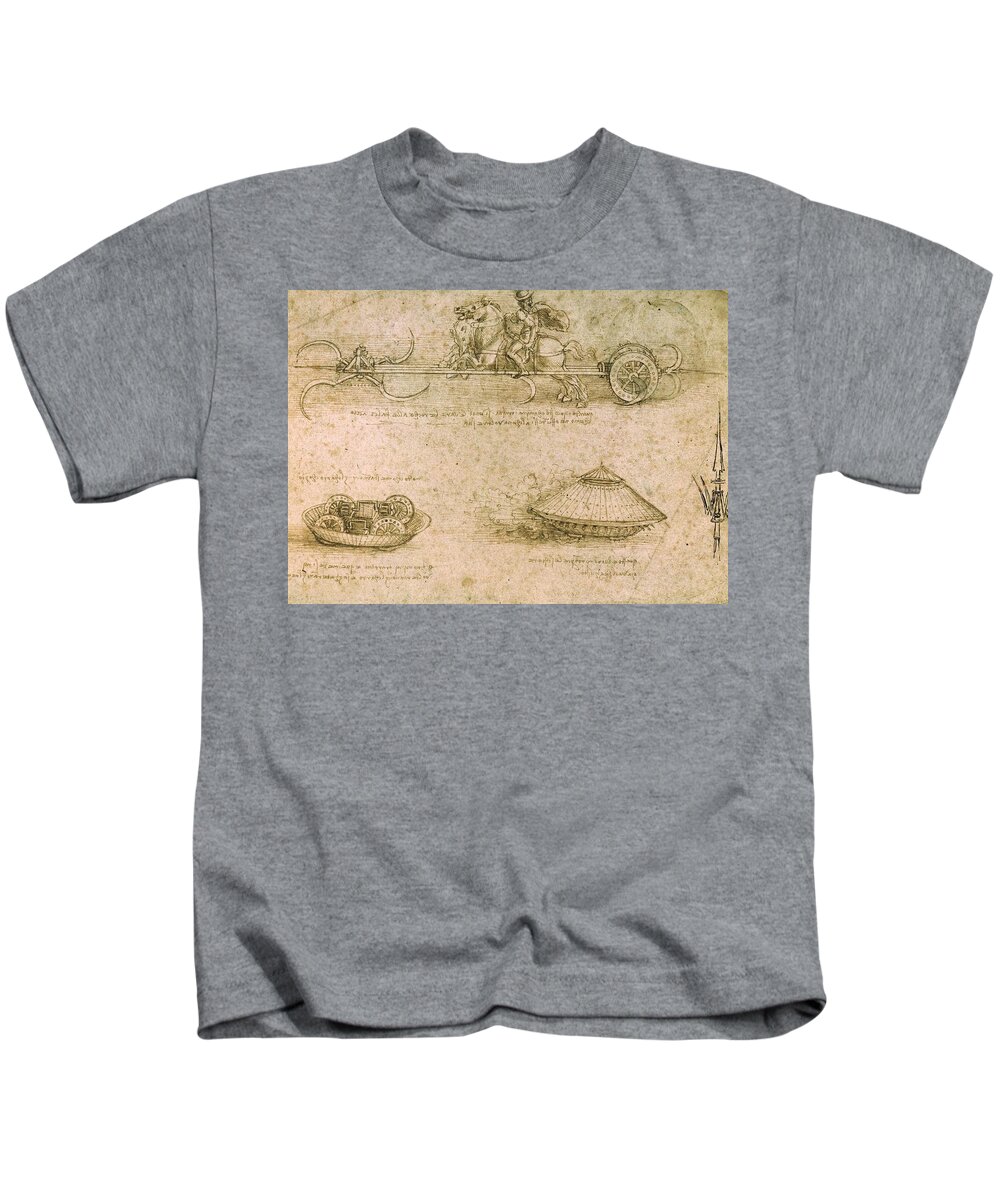 Design For Various War Vehicles Kids T-Shirt featuring the drawing Leonardo Da Vinci / 'Design for various war vehicles'. by Leonardo da Vinci -1452-1519-
