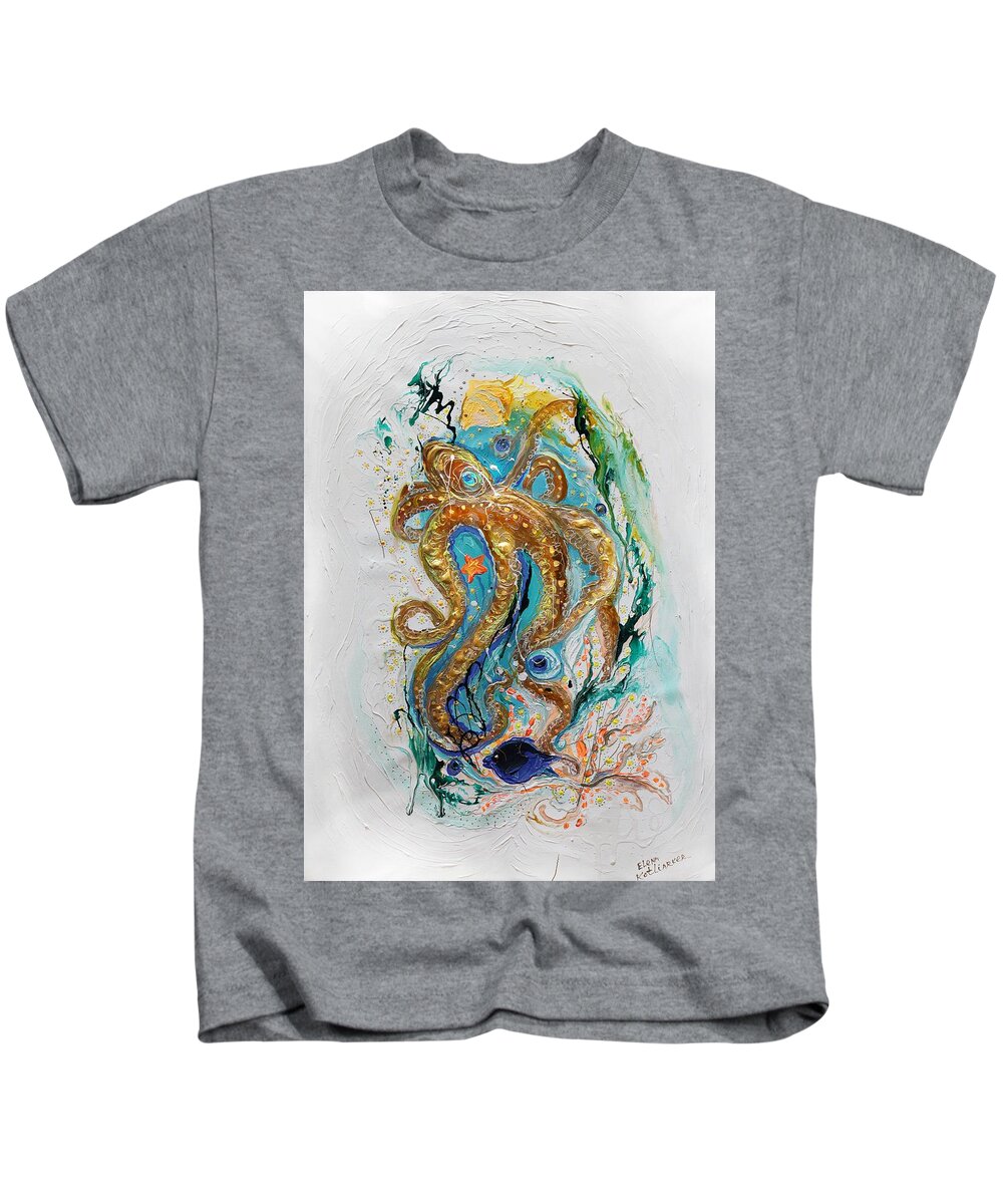 Sea Life Kids T-Shirt featuring the painting Mare Nostrum #3. The golden octopus by Elena Kotliarker