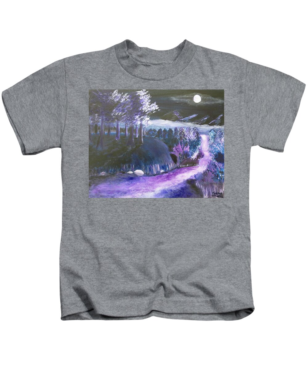  Kids T-Shirt featuring the painting Misty Purple Mountains in the Moonlight by C E Dill