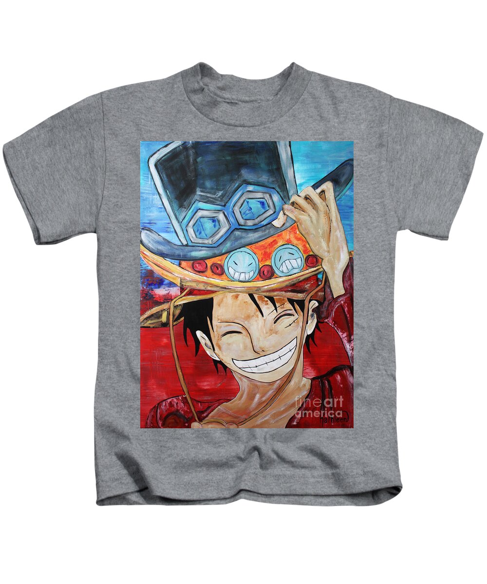 Monkey D Luffy Kids T-Shirt featuring the painting Monkey D Luffy Hats by Kathleen Artist PRO