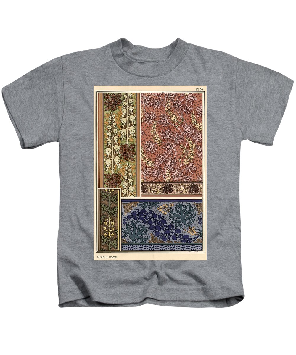 1897 Kids T-Shirt featuring the drawing Monks hood in art nouveau patterns for wallpaper, borders and fabric. Lithograph by Anna Martin. by Album