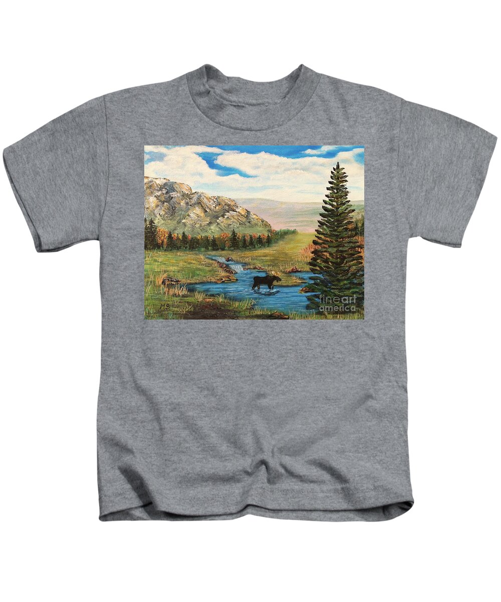 Moose Kids T-Shirt featuring the painting Moose In The Rut by Monika Shepherdson