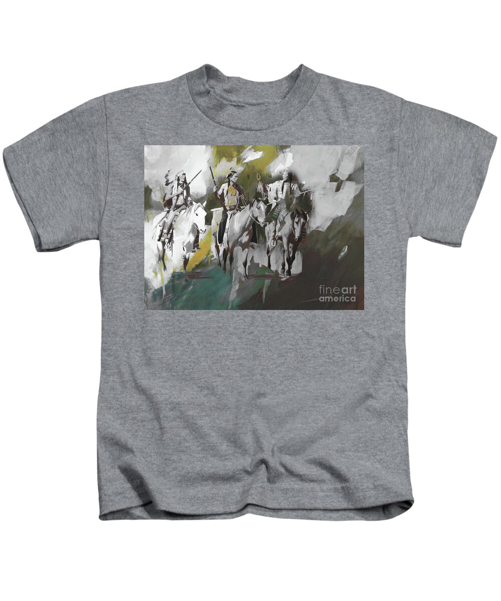 Native American Indian Kids T-Shirt featuring the painting Native American on Horses 012 by Gull G