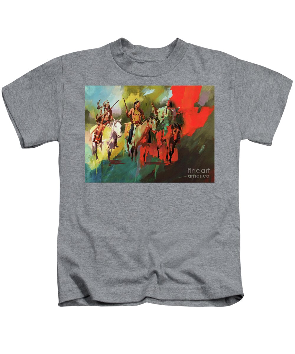 Native American Indian Kids T-Shirt featuring the painting Native American on Horses by Gull G