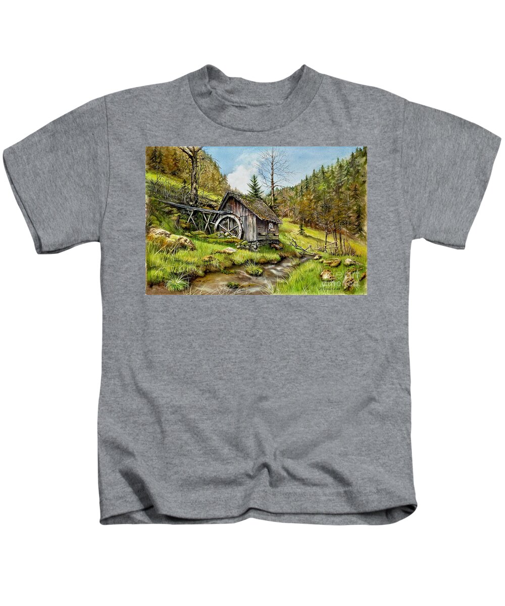 Landscape Kids T-Shirt featuring the painting Old Mill by a Creek by Jeanette Ferguson