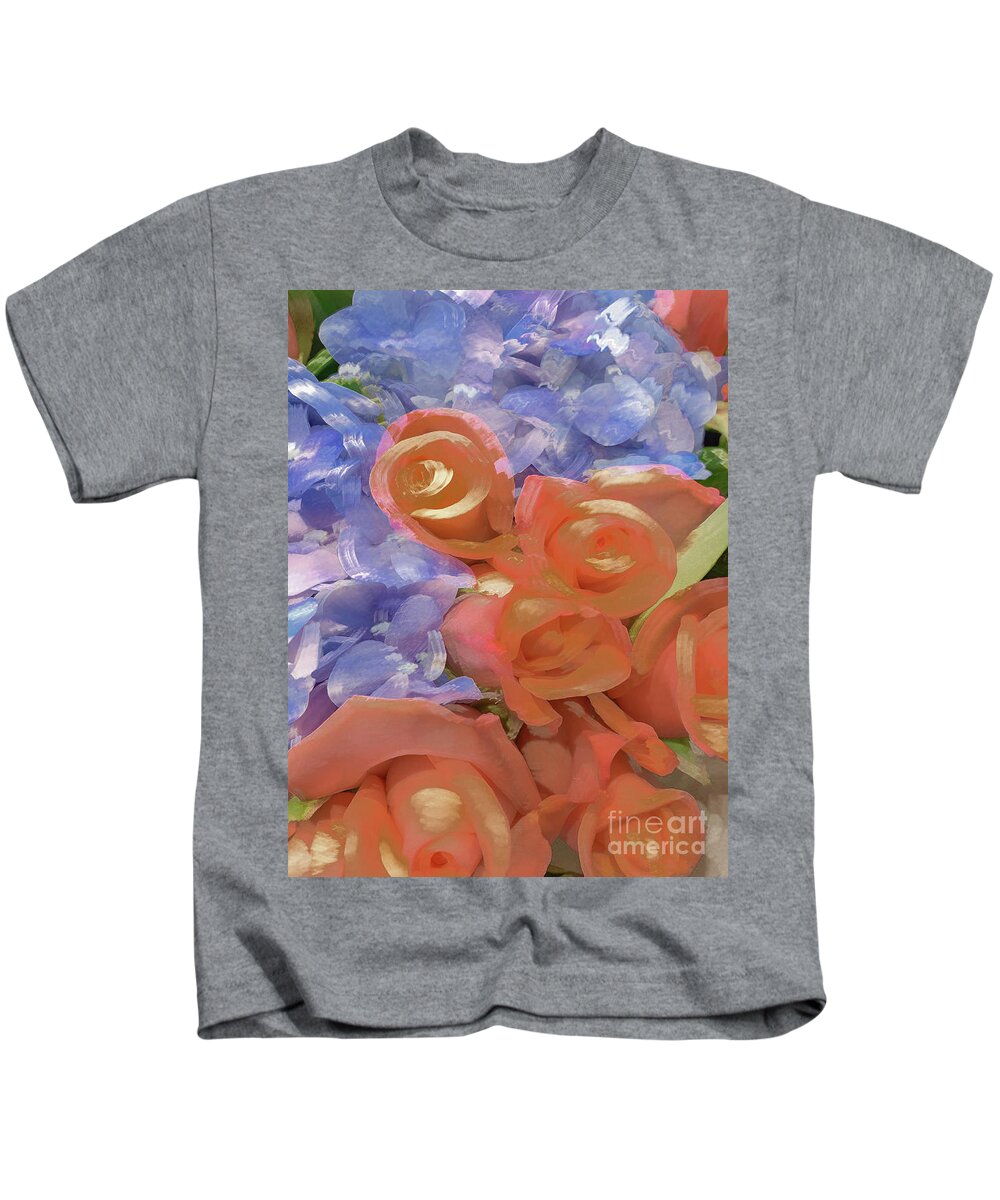 Abstract Kids T-Shirt featuring the photograph Orange rose and blue flower pastel by Phillip Rubino