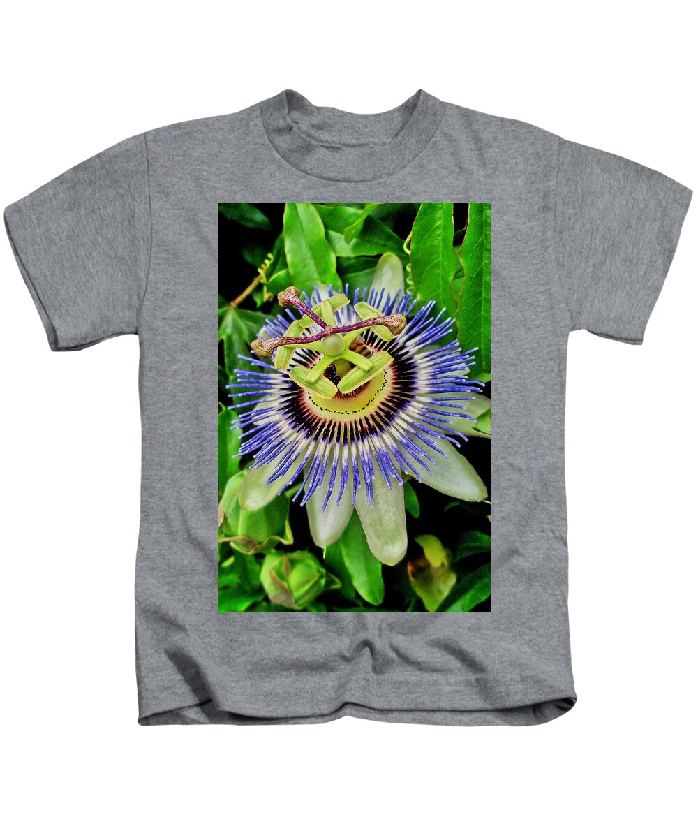 Passion Flower Kids T-Shirt featuring the photograph Passion Flower Bee Delight by Allen Nice-Webb