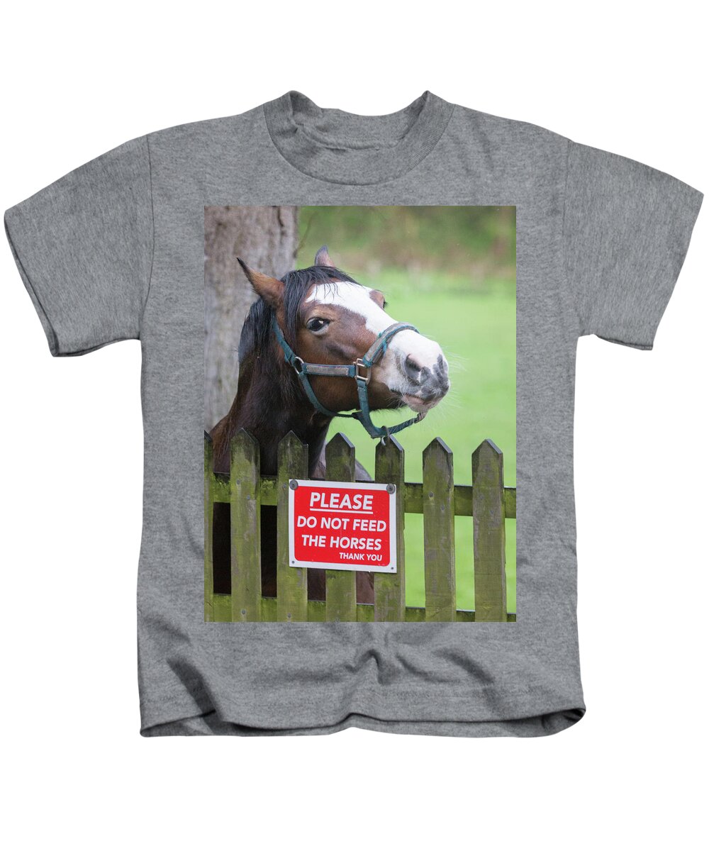 Horse Kids T-Shirt featuring the photograph Please can I have an apple - horse - please do not feed the horses by Anita Nicholson