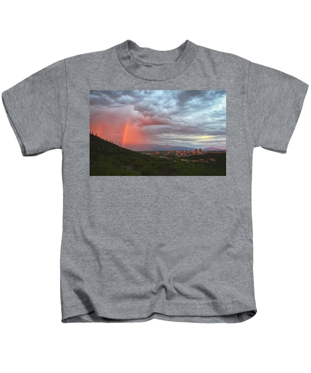 Tucson Kids T-Shirt featuring the photograph Rainbow over Tucson skyline by Chance Kafka