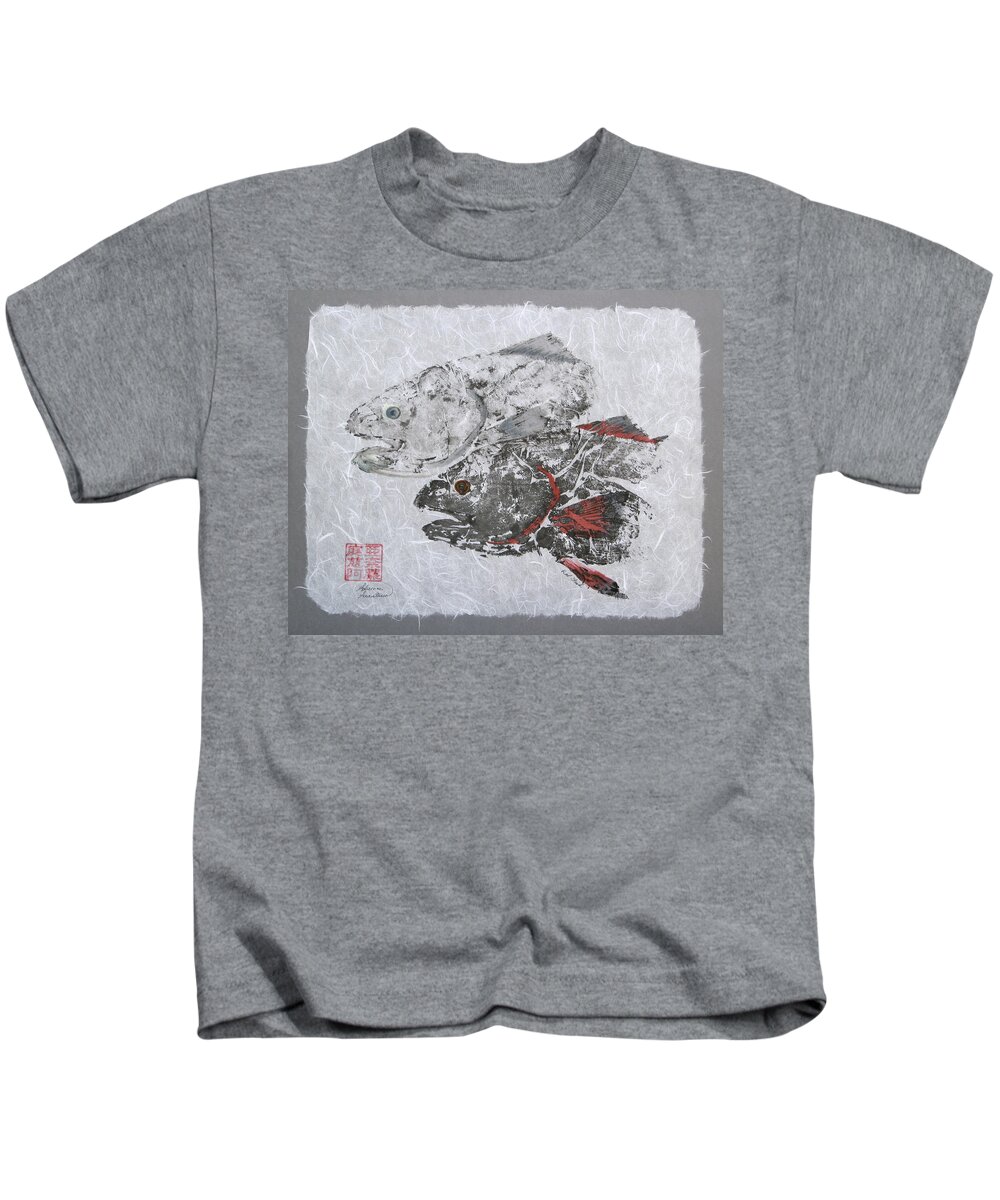 Redfish Kids T-Shirt featuring the painting Red Fish Head Duo with Border by Adrienne Dye