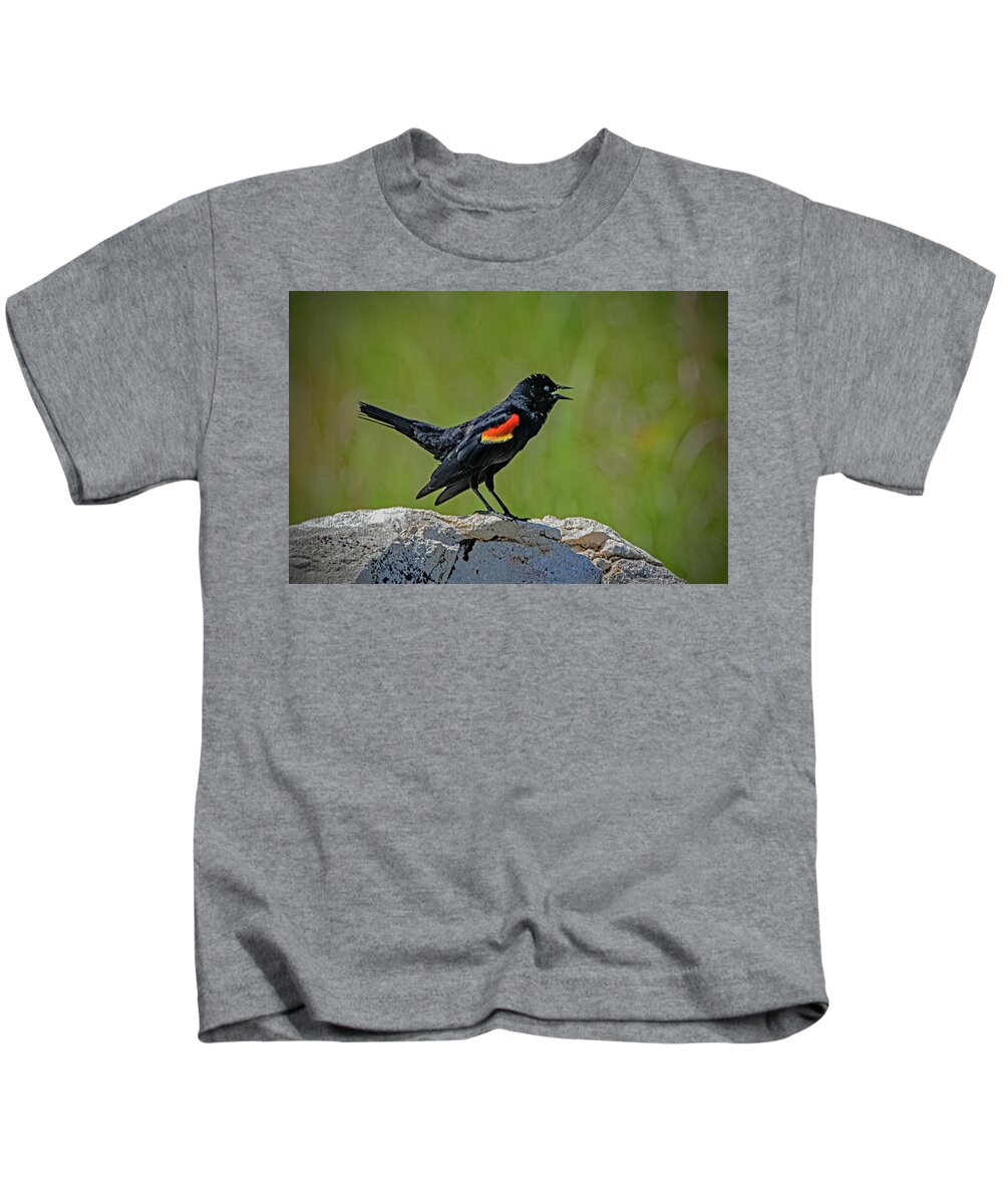 Bird Kids T-Shirt featuring the photograph Red Winged Blackbird Calling Out by Ira Marcus