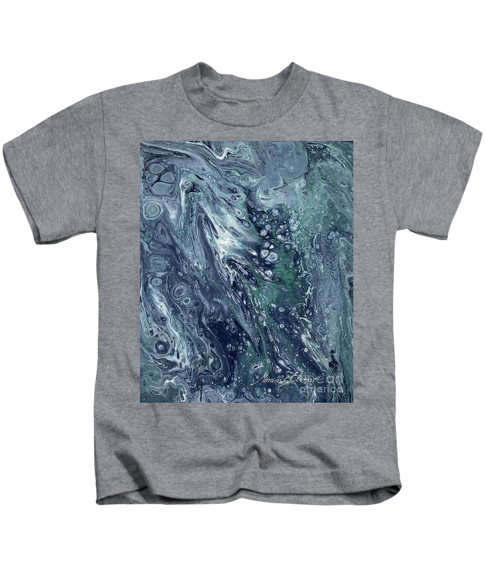 Ocean Art Kids T-Shirt featuring the painting Reflection of dancing stars by Monica Elena