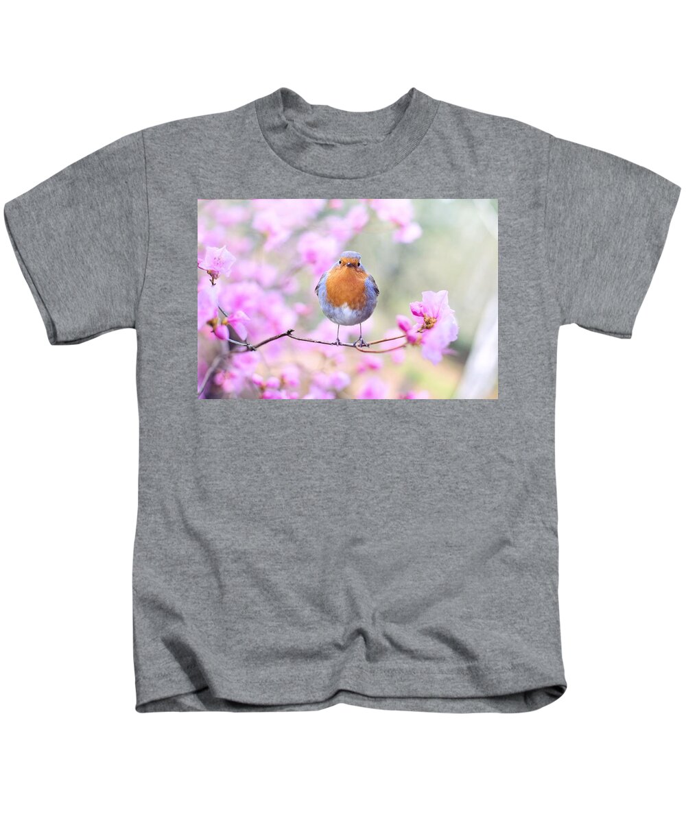 Bird Kids T-Shirt featuring the photograph Robin on pink flowers by Top Wallpapers