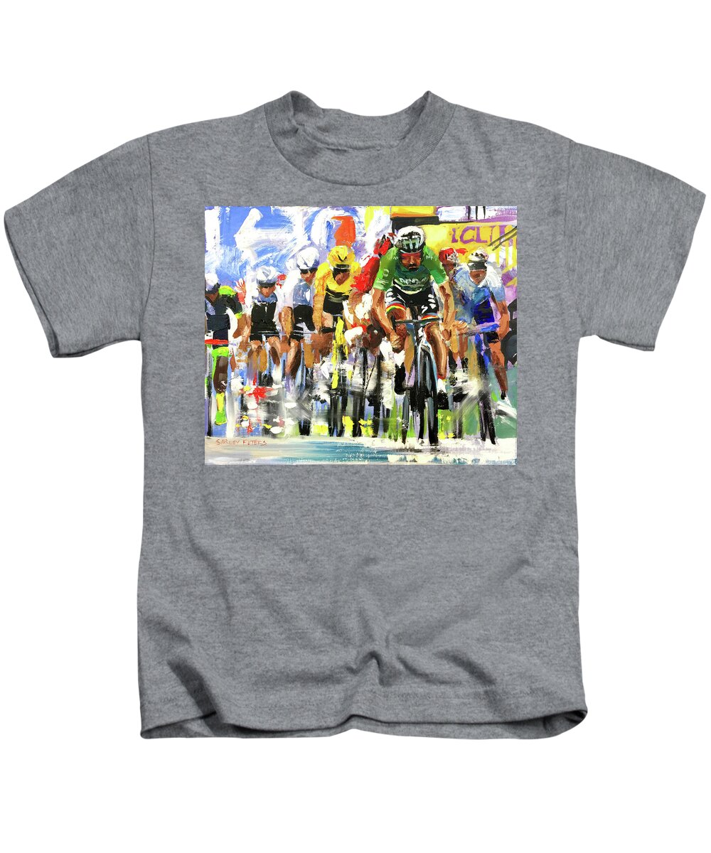 Le Tour De France Kids T-Shirt featuring the painting Sagan Finish 2019 by Shirley Peters