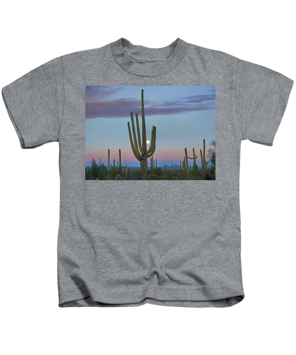 00557644 Kids T-Shirt featuring the photograph Saguaro And Moon, Saguaro National Park, Arizona by Tim Fitzharris