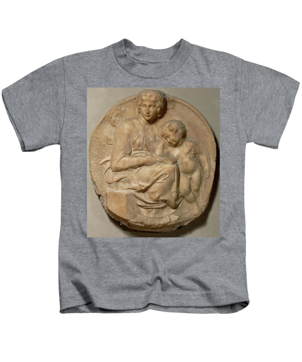 John The Baptist Kids T-Shirt featuring the painting Saint Mary and child with young Saint John Baptist, andquot, Tondo Pittiandquot,,1503. Marble,Inv.93 by Michelangelo -1475-1564-