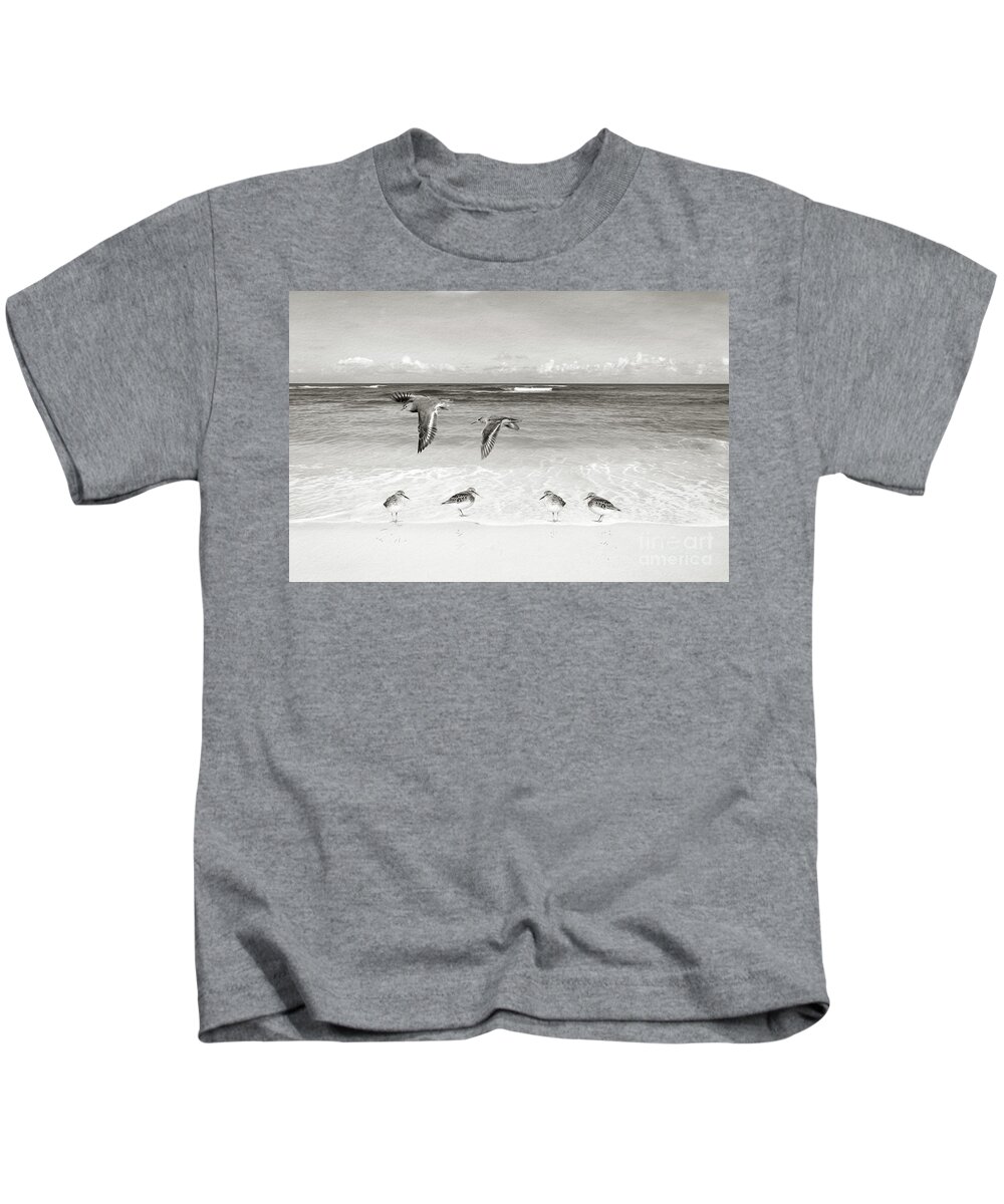 Sandpipers Kids T-Shirt featuring the photograph Sandpiper Party BW by Laura D Young