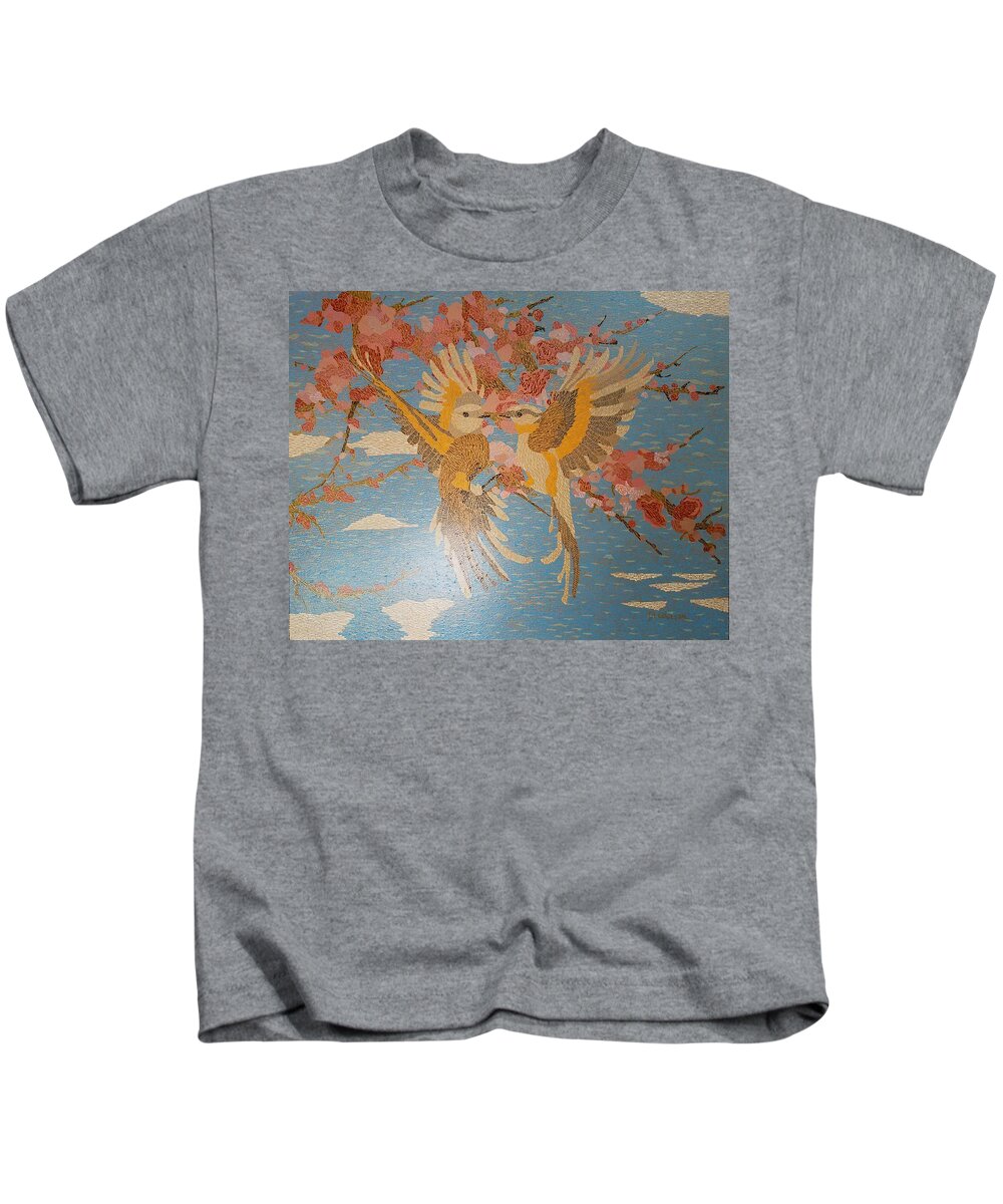 Scissortail Kids T-Shirt featuring the painting Scissortails in Cherry Blossoms by DLWhitson