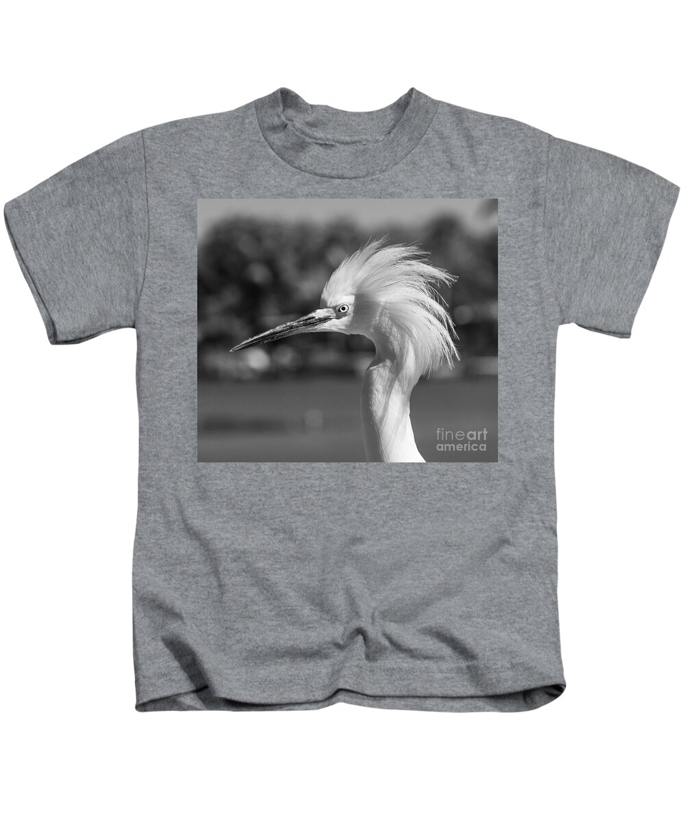 Black And White Kids T-Shirt featuring the photograph Snowy Egret Portrait Monochrome by Stefano Senise