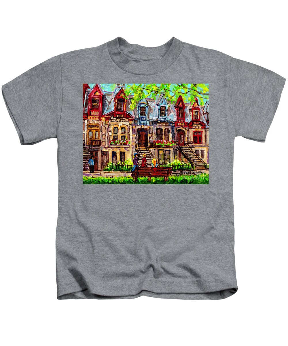 St.louis Square Kids T-Shirt featuring the painting St Louis Square Park City Scene Painting Beautiful Rowhouses Blonde Girl On The Bench C Spandau Art by Carole Spandau