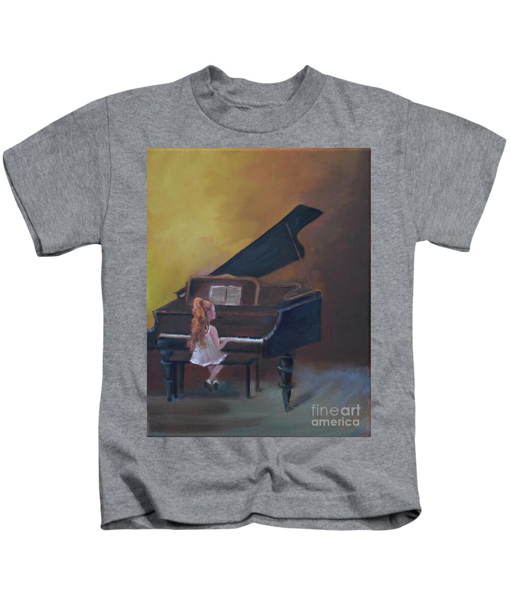 Redhead Kids T-Shirt featuring the painting Stefi - Child Playing Piano -AMPED by Jan Dappen