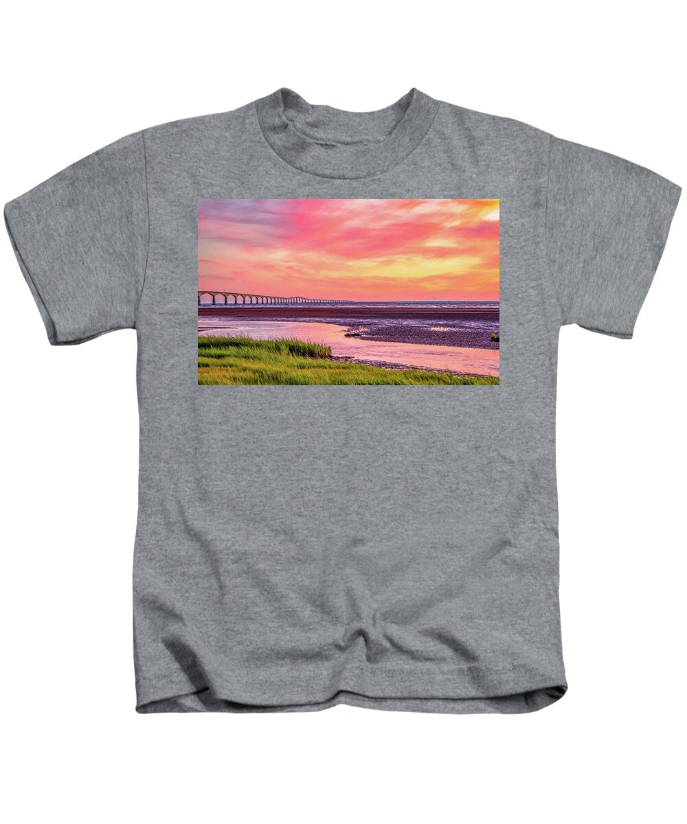 Pei Kids T-Shirt featuring the photograph Summer Sunset at Confederation Bridge, Painterly by Marcy Wielfaert