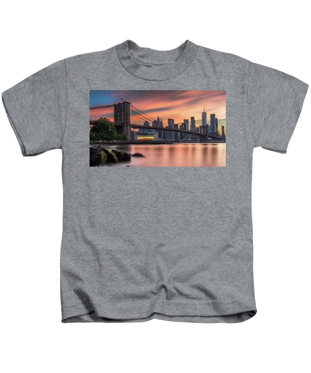 Nyc Ny New York New York City Manhattan Gotham America Randy Lemoine Sunset Brooklyn Bridge Dumbo Kids T-Shirt featuring the photograph Sunset from Dumbo Brooklyn, Study 3 by Randy Lemoine